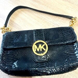 Michael Kors small black faux snakeskin evening bag with gold chain acce…